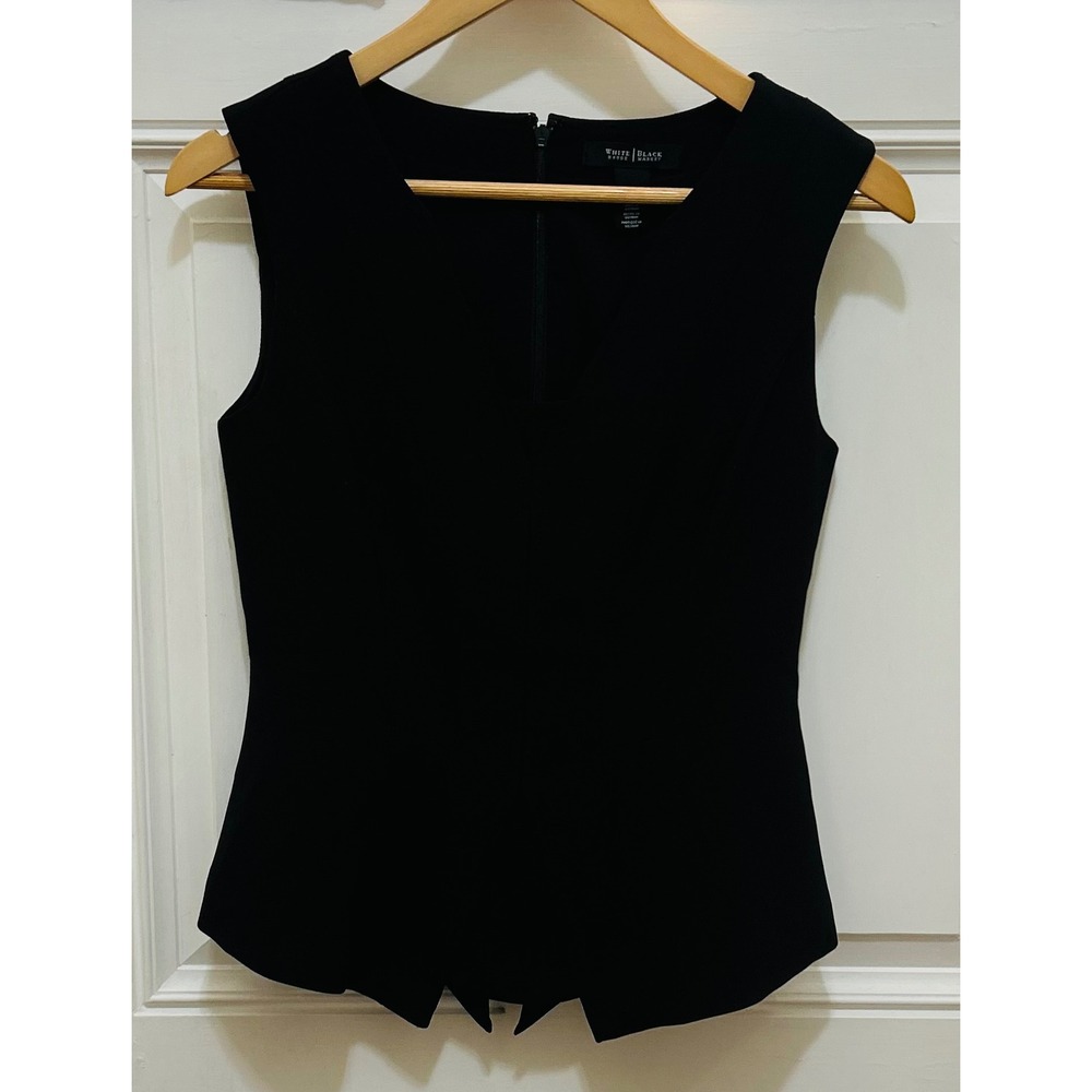 White House Black Market Black Sleeveless V-Neck Peplum Shell Top Siz 4 Zip Back